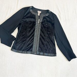 Chicos Womens Faux Fur Leather Trim Crewneck Jacket Size 1 (Medium 8-10) Black